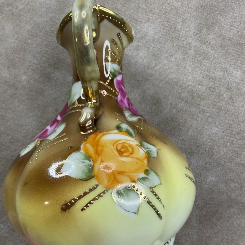Antique Nippon Hand‎ Painted Bone China Beaded Gold Trim Two Handle Vase